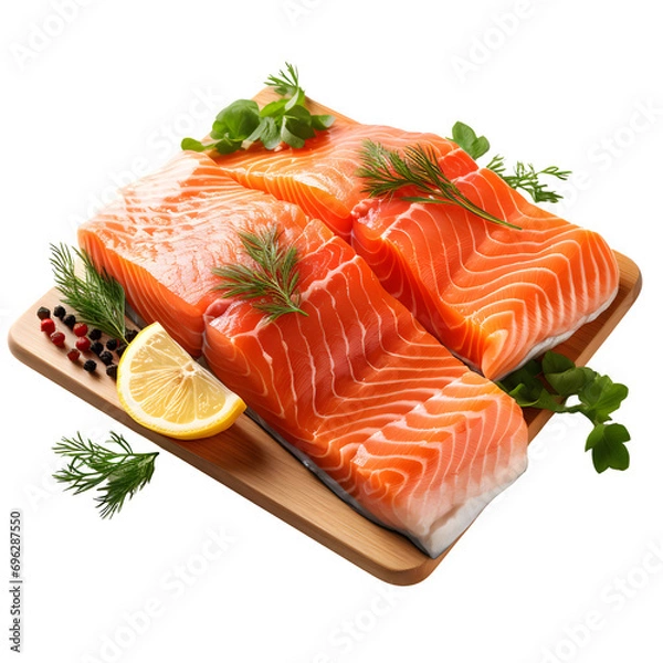 Fototapeta Salmon. Fresh raw salmon fish fillet with cooking ingredients, herbs and lemon isolated on transparent background Generative AI	
