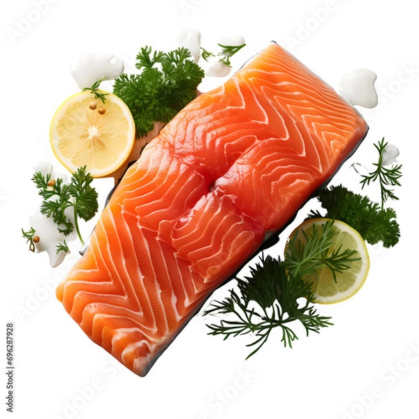 Fototapeta Salmon. Fresh raw salmon fish fillet with cooking ingredients, herbs and lemon isolated on transparent background Generative AI	
