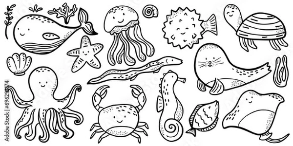 Fototapeta Fish and wild marine animals are isolated on white background. Inhabitants of the sea world, cute, funny underwater creatures dolphin, shark, ocean crabs, sea turtle, shrimp. Flat cartoon illustration
