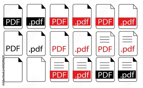 Fototapeta Collection of PDF File Icons and Document Symbols, Digital Document Format Graphics | pdf icon sheet | black, white and red pdf and paper symbols | for Web and Software Interface Design