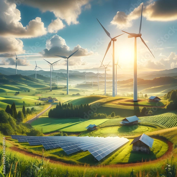 Fototapeta Rural landscape harmonizing renewable energy and environmental preservation. It features green fields, modern wind turbines, a solar panel field, rolling hills