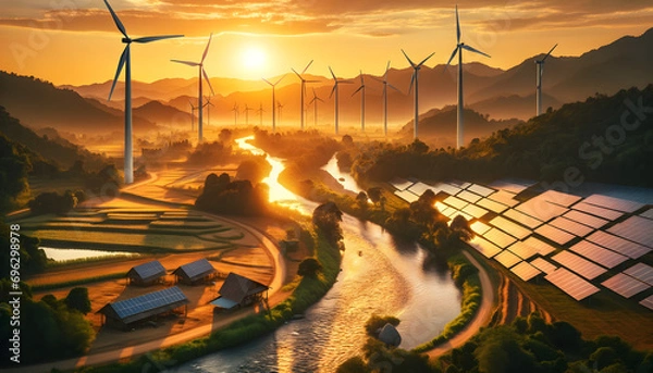 Fototapeta Rural landscape at sunset, featuring a river, wind turbines, a solar farm, and mountains, illustrating the synergy of nature and renewable energy technologies