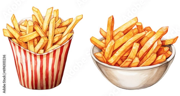 Fototapeta Set of French fries watercolor illustration fast food png isolated on a transparent background, clipart 