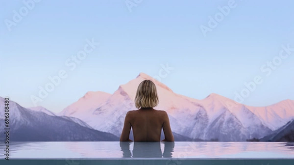 Fototapeta Frau genießt die Ruhe in einem Infinity-Pool mit Blick auf die Berge im Morgengrauen, Generative AI