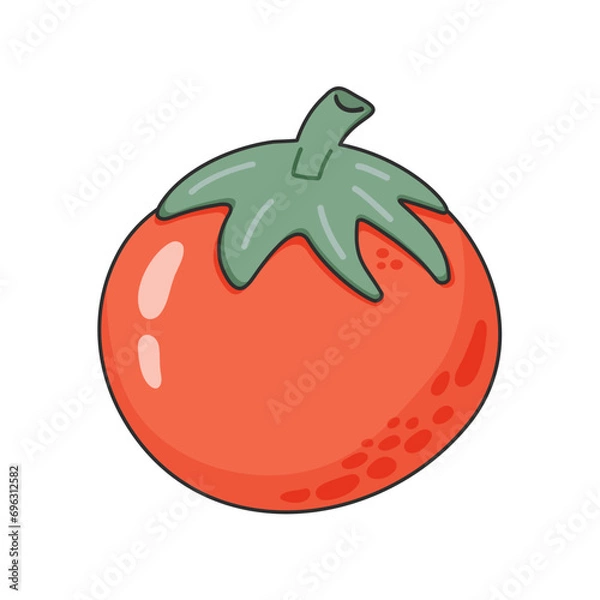 Obraz Tomato hand-drawn illustration. Red textured tomato with a green stem. Vector doodle style cartoon illustration. Concept of healthy food, vegan products for recipe book, banner, decoration