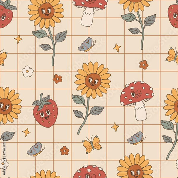 Fototapeta Retro seamless pattern with cartoon groovy characters with faces of the 70s. Funky hippie background with mesh, sunflower, mushroom, flower, butterfly, strawberry and star. Phone case, textile. Vector