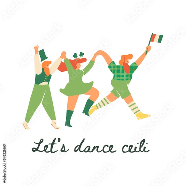 Fototapeta Cheerful Irish people in green clothes with shamrocks, the Ireland flag dancing the Ceiligh. Celebrating Irish culture party, St. Patrick's Day design