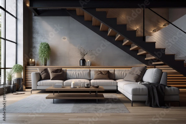 Fototapeta Urban charm of loft living with this modern interior design, featuring a cozy grey sofa and a wooden staircase beside a stunning floor-to-ceiling window.