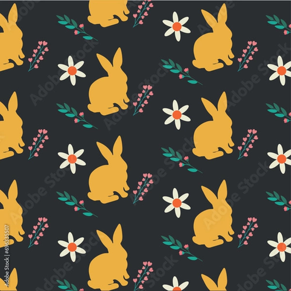 Fototapeta Cute vector yellow bunny seamless pattern with rabbits and flowers in modern minimal style. Chinese new year 2023, Happy Easter black background.Design for banner,wallpaper,card,baby cloth,gift paper.