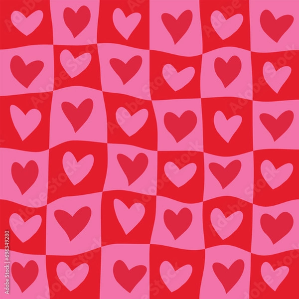 Fototapeta Checkered red and pink hearts on warped wavy checkerboards seamless pattern.  For Valentine backgrounds, wrapping paper and textile.