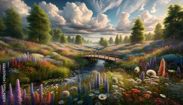 Fototapeta A wild spring landscape with a diverse meadow of blooming wildflowers, a rustic wooden bridge over a babbling brook, under a partly cloudy sky