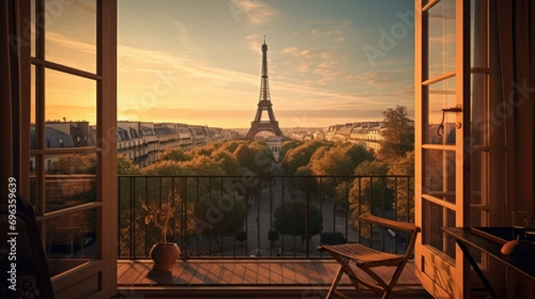 Obraz Autumn in Paris, view of Eiffel Tower through vintage window, French urban charm.