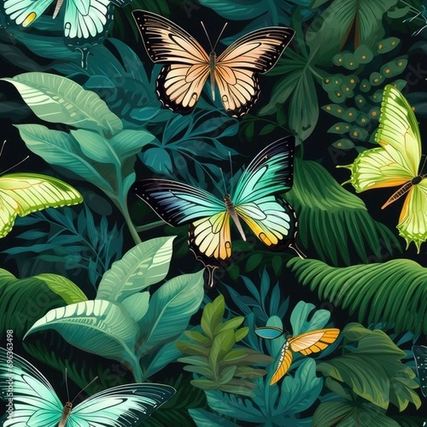 Fototapeta Seamless pattern colorful butterflies and leaves