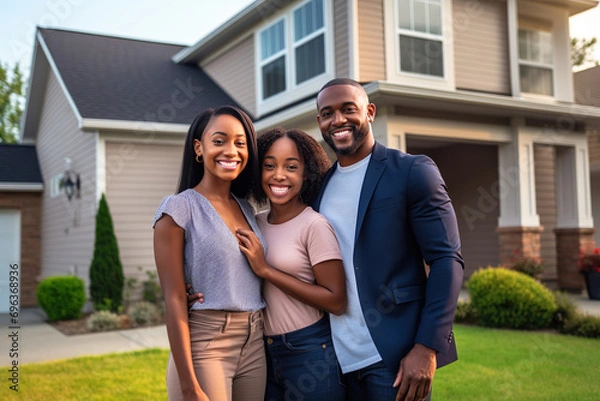 Fototapeta African American family in front of newly purchased home, ownership, smiling proudly, real estate accomplishment