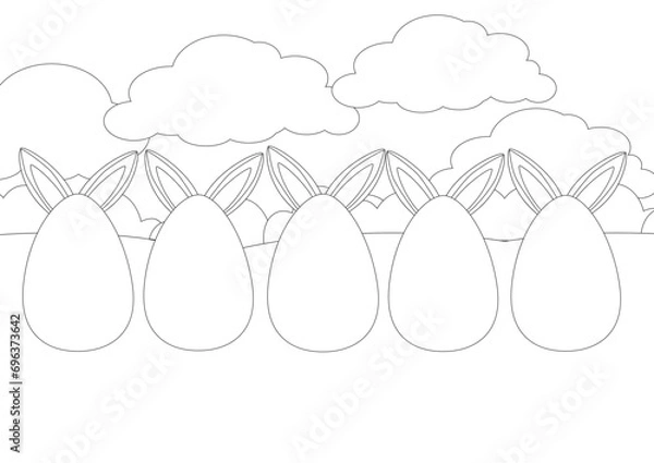 Fototapeta Coloring page. Large painted eggs stand on the green grass and the ears of the Easter Bunny stick out from behind. A long horizontal banner depicting a beautiful spring day.
