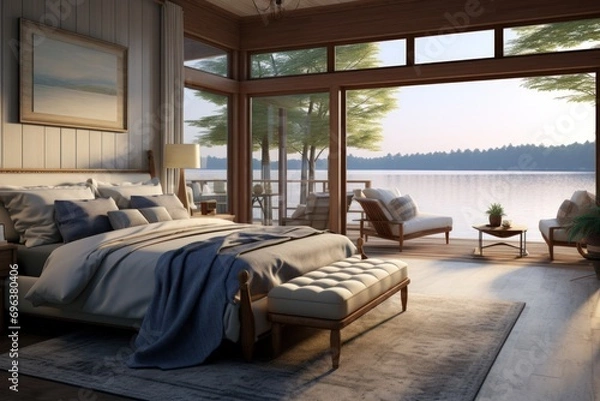 Fototapeta Modern bedoom with a lake view