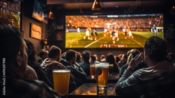 Fototapeta .male fans in a pub sitting with beer, watching football on a large TV screen, side view