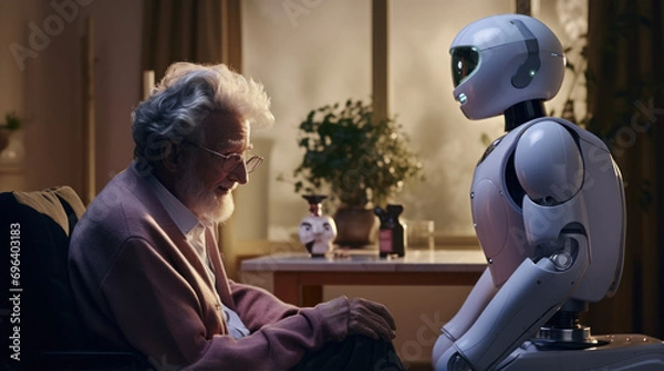 Fototapeta A robot and a human express their love for each other.