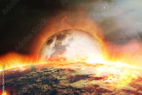 Fototapeta Apocalyptic abstract background with Moon fall and burning Earth . Elements of this image furnished by NASA.