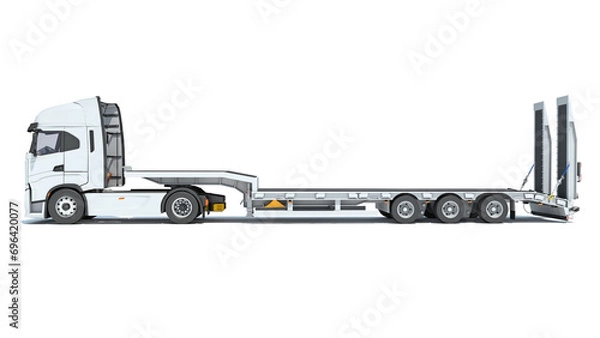 Obraz Semi Truck with Lowboy Platform Trailer 3D rendering on white background