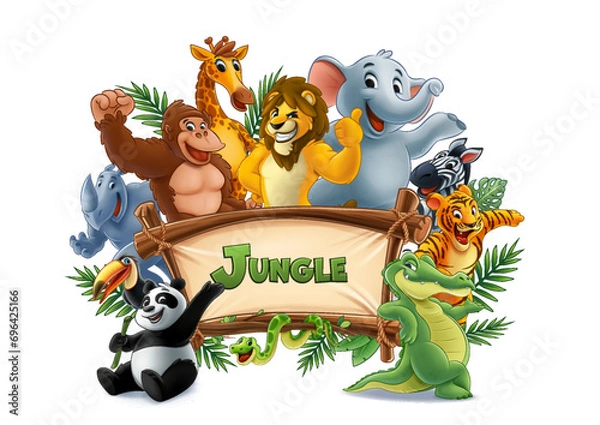 Fototapeta cartoon animals lion tiger zebra elephant crocodile gorilla rhinoceros snake panda giraffe toucan
