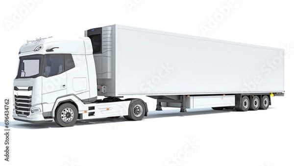Obraz Truck with Reefer Refrigerator Trailer 3D rendering on white background