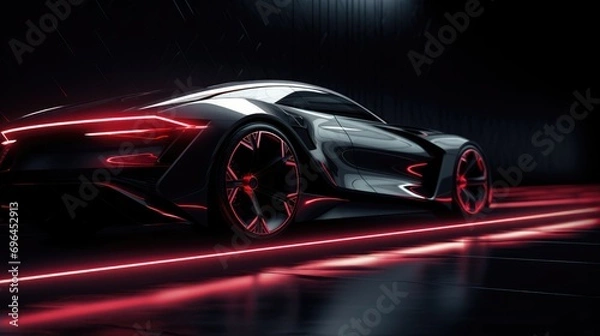 Fototapeta A futuristic sleek and aerodynamic car driving through a neon-lit tunnel.
