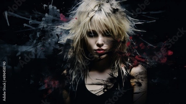Fototapeta Fear emotions of the female mood represented in grunge style on a black background with space for text and graphics