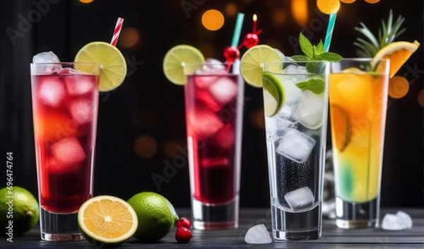 Fototapeta Various types of cocktails, many colors, each glass is prepared with alcohol and ice such as lemon, orange, strawberry. For refreshing, add fruit juice. To taste relaxation.