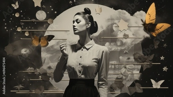 Fototapeta Black and white photo of a woman's body with butterflies in a photographic collage style