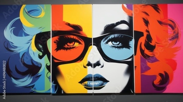 Fototapeta Graphic illustration of a woman's face in pop art style on a black background with space for text and customizable graphic elements