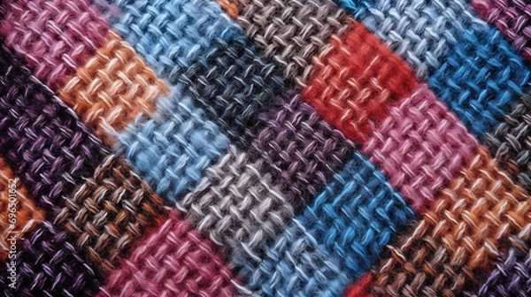 Fototapeta A close-up of woolen knitting, with colorful plaid from contrasting threads, for crafting projects or leisure.