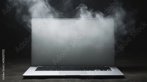 Fototapeta horizontal view of a burnt out laptop with smoke coming out from it and a dark background AI generated