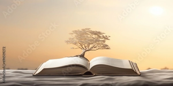 Fototapeta An open book with a tree growing out of its pages. This unique image can be used to represent growth, knowledge, or the merging of nature and literature
