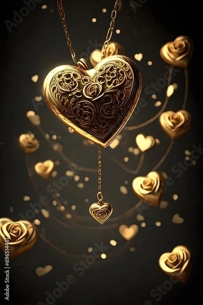Fototapeta An enchanting 3D illustration of a golden heart-shaped locket adorned with intricate rose patterns, 
