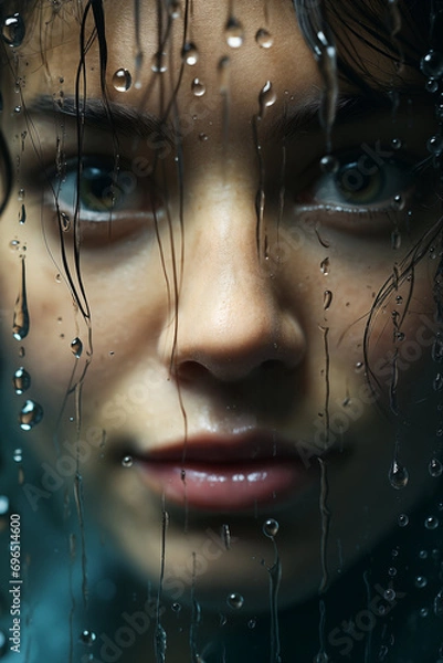 Fototapeta Intense gaze through a rain-streaked window, capturing the raw emotion and complexity in simplicity, with each droplet reflecting a world unseen
