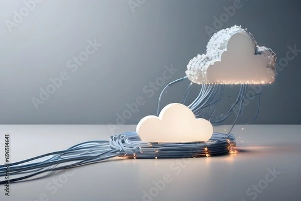 Fototapeta Data storage and cloud technology concept with blue wire connected to white pixelate cloud on abstract light grey background. Generative Ai