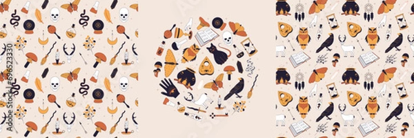 Obraz Witchy magic set. Seamless patterns and set. Set with witchcraft items. Collection of witchy magic and esoteric equipment. Vector illustration of mythical elements.