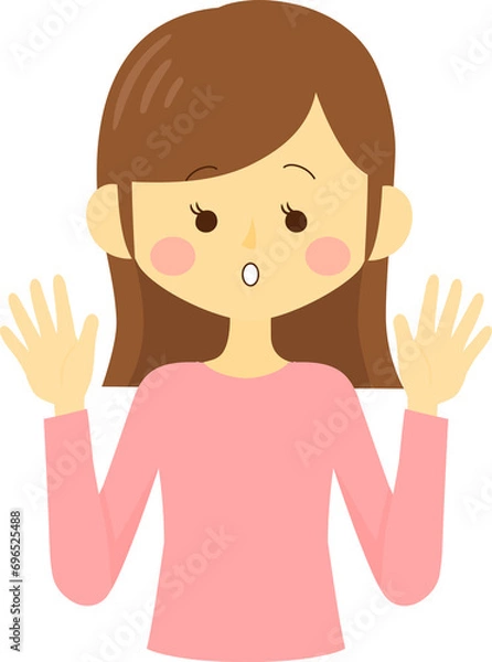 Fototapeta びっくりして両手をあげる女性の上半身のイラスト