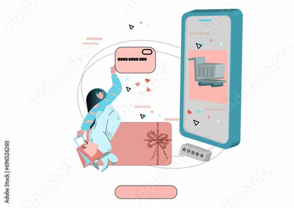 Fototapeta Person shopping online, ordering products and gifts from shops and stores from internet. Vector flat character with phone and shopping bag ordering and purchasing items from web, online.