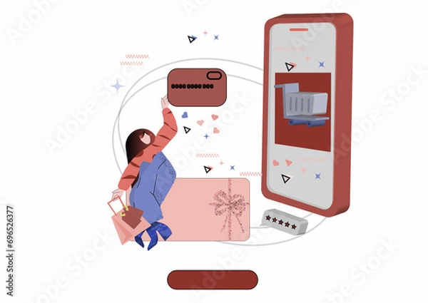 Fototapeta Person shopping online, ordering products and gifts from shops and stores from internet. Vector flat character with phone and shopping bag ordering and purchasing items from web, online.
