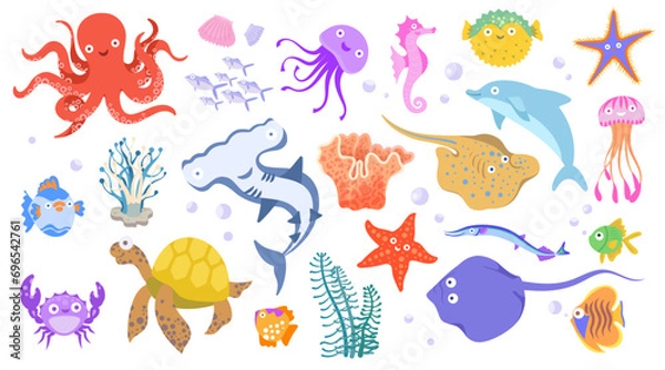 Fototapeta Set with hand drawn sea life elements. Vector doodle cartoon set of marine life objects for your design. Aquatic characters,ocean animals, funny aquarium creature. Underwater nowaday vector animal set