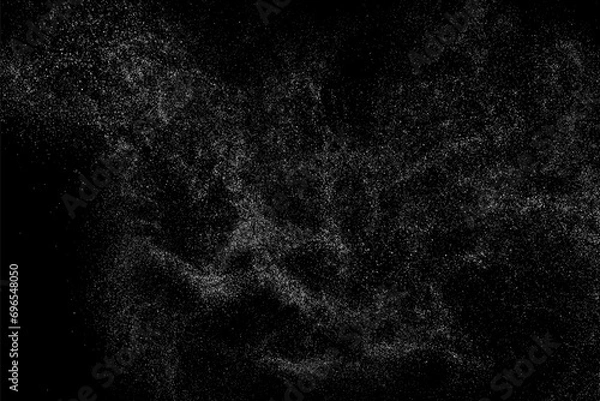 Fototapeta Distressed grunge texture. Abstract white pattern on black background. Od paper overlay. Grain noise. Splash realistic effect. Vector illustration.	
