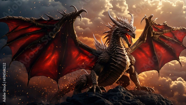 Obraz An aggressive red dragon on a mountain top.