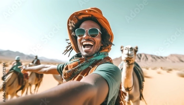 Fototapeta Happy tourist having fun enjoying group camel ride tour in the desert, Travel, life style, vacation activities and adventure.
