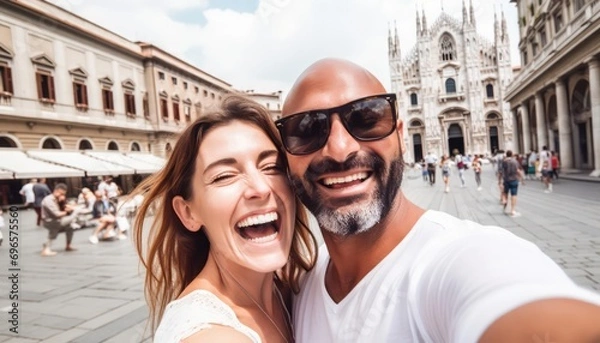 Fototapeta Happy couple taking selfie in front of cathedral in Italy, Two tourists having fun on romantic summer vacation in Italy ,Holidays and traveling lifestyle