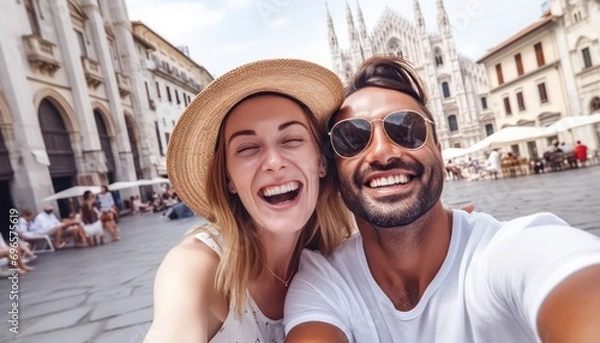 Fototapeta Happy couple taking selfie in front of cathedral in Italy, Two tourists having fun on romantic summer vacation in Italy ,Holidays and traveling lifestyle