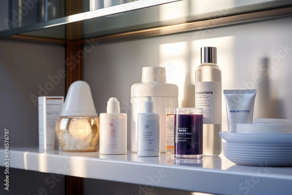 Fototapeta shelf of skincare products like moisturizers and serums in a modern bathroom