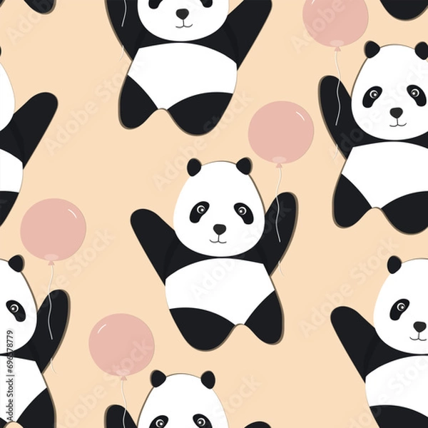 Obraz Seamless pattern with cute panda baby on color background. Funny asian animals. Card, postcards for kids. Flat vector illustration for fabric, textile, wallpaper, poster, gift wrapping paper