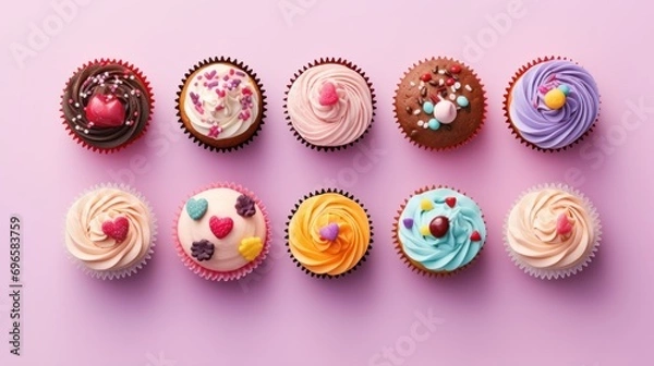 Fototapeta  a bunch of cupcakes that are sitting in a row on top of a pink surface with white frosting and sprinkles on the top of the cupcakes.